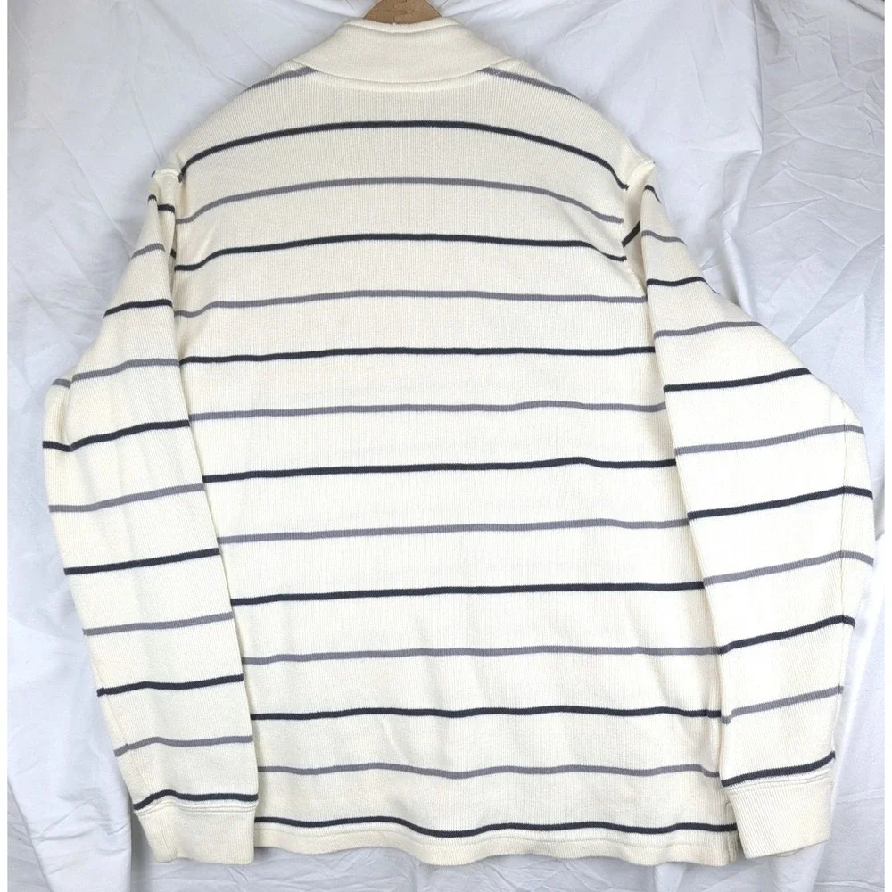 Quarter Zip Sweater Large 42-44 Cream Navy Grey Striped Cotton Knit Collared